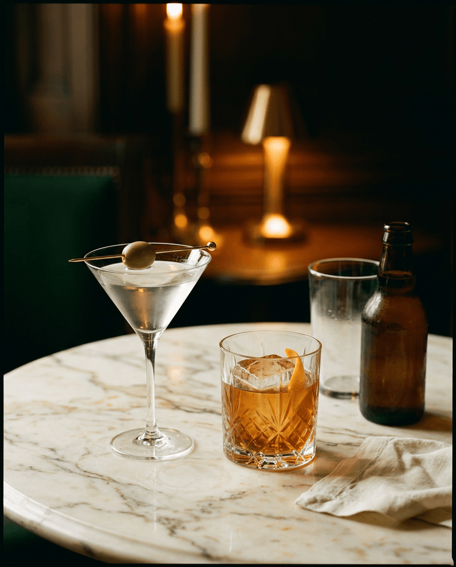 Illustrative drinks styling: a crystal martini glass, an amber cocktail and bottled beer on a marble table