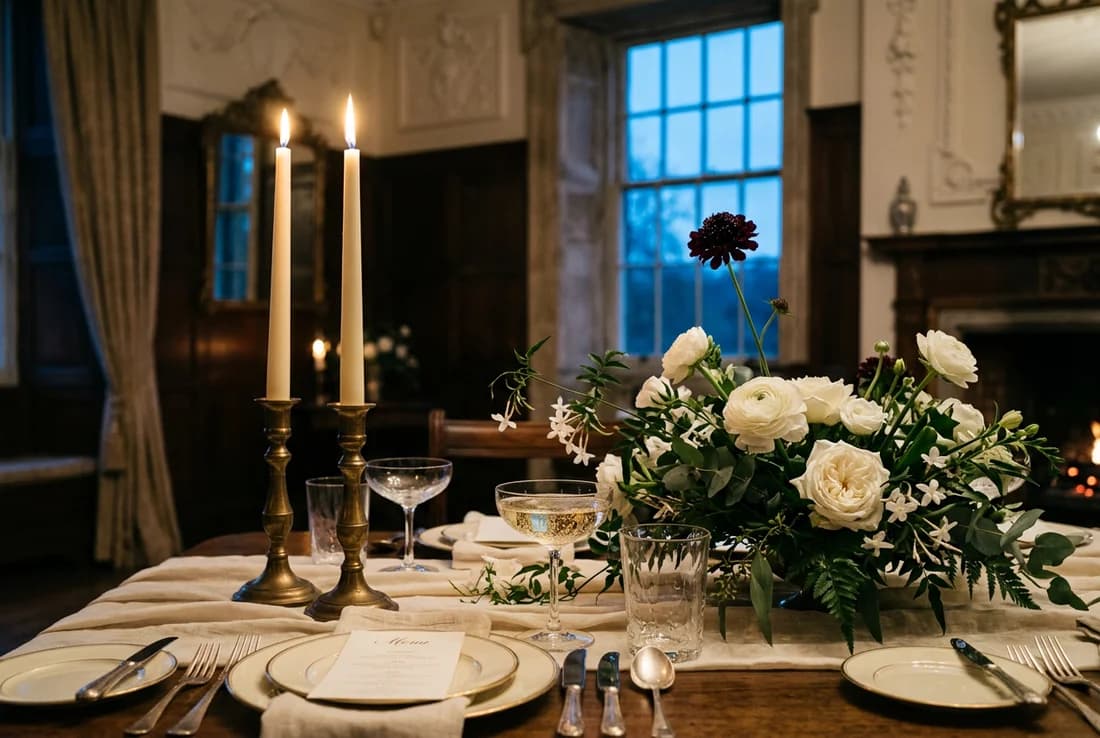 Editorial vision of a candlelit celebration table with antique brass candlesticks and champagne coupes