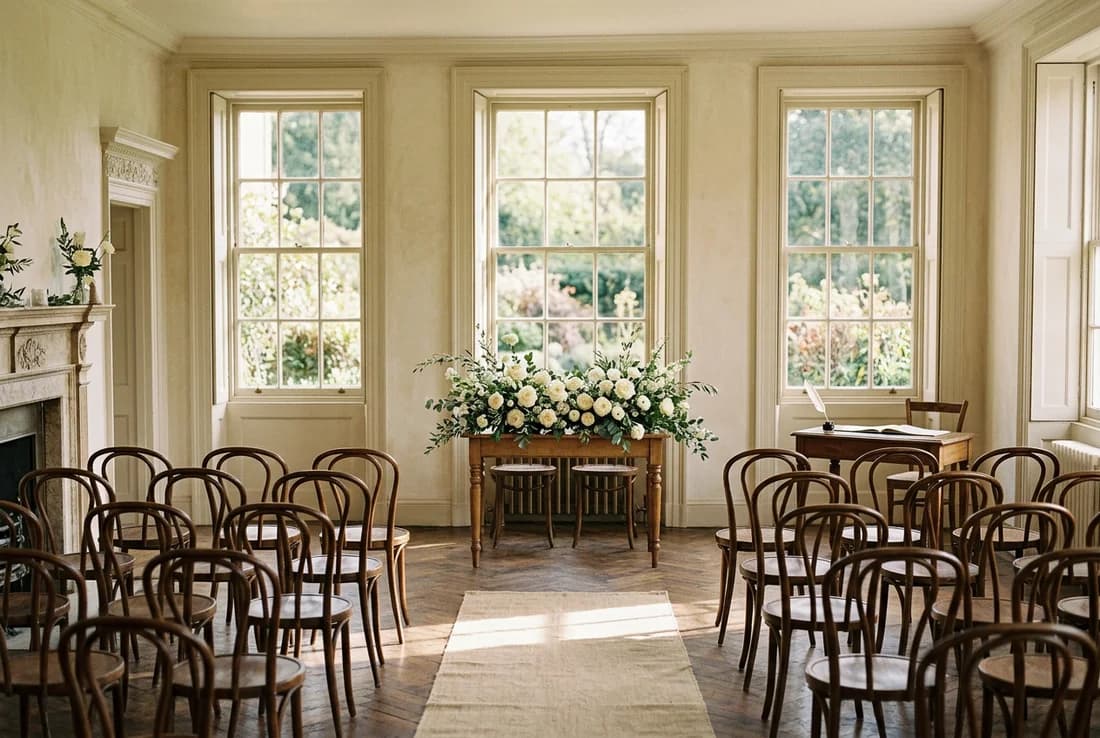 Editorial vision of a sunlit manor ceremony room with white flowers and wooden chairs