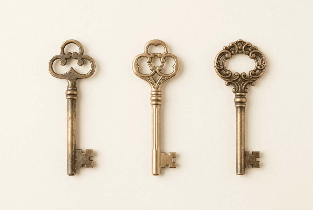 Three ornate antique brass keys on warm ivory parchment
