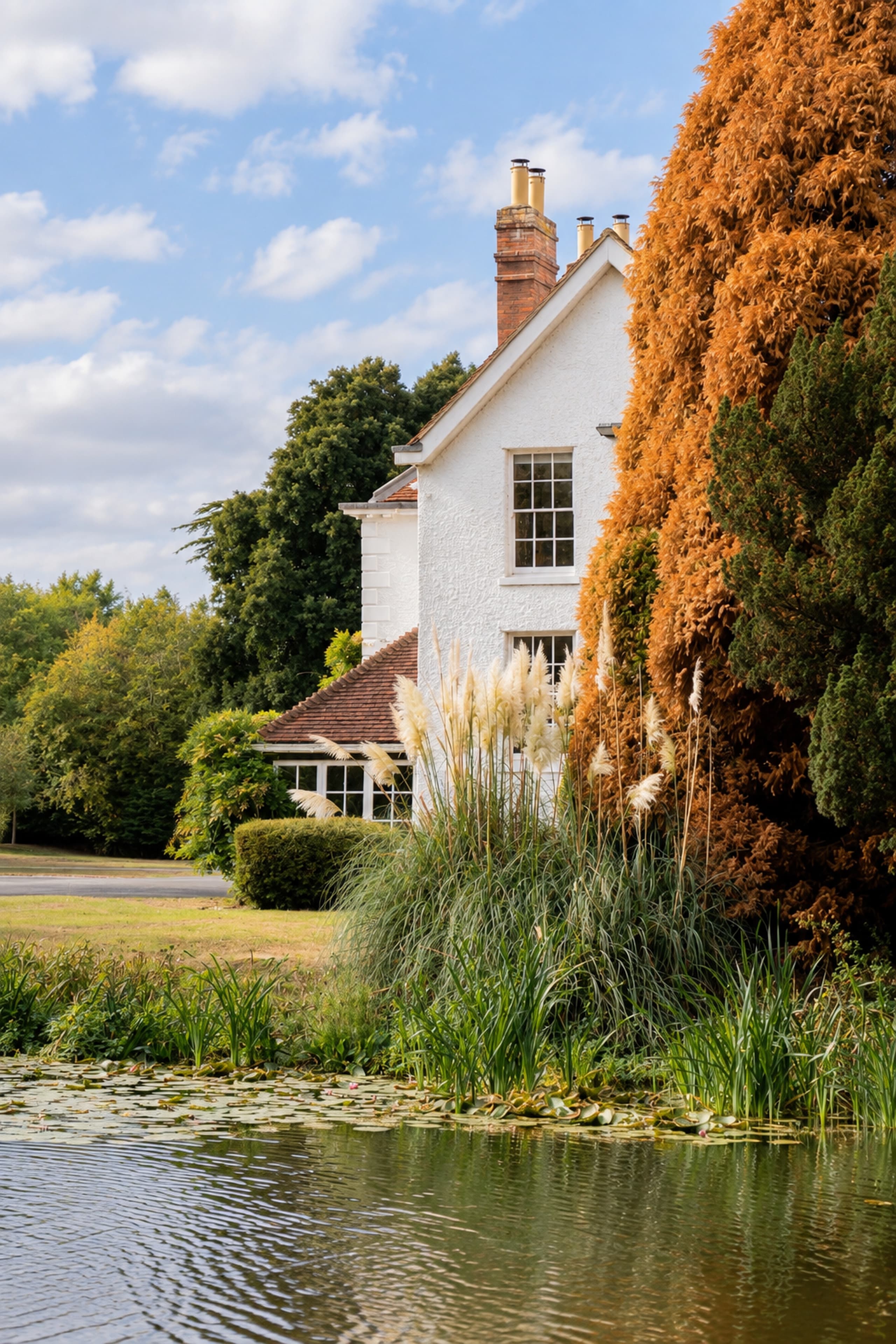 Longbridge Manor and its garden pond, surrounded by lily pads, ornamental grasses and mature trees