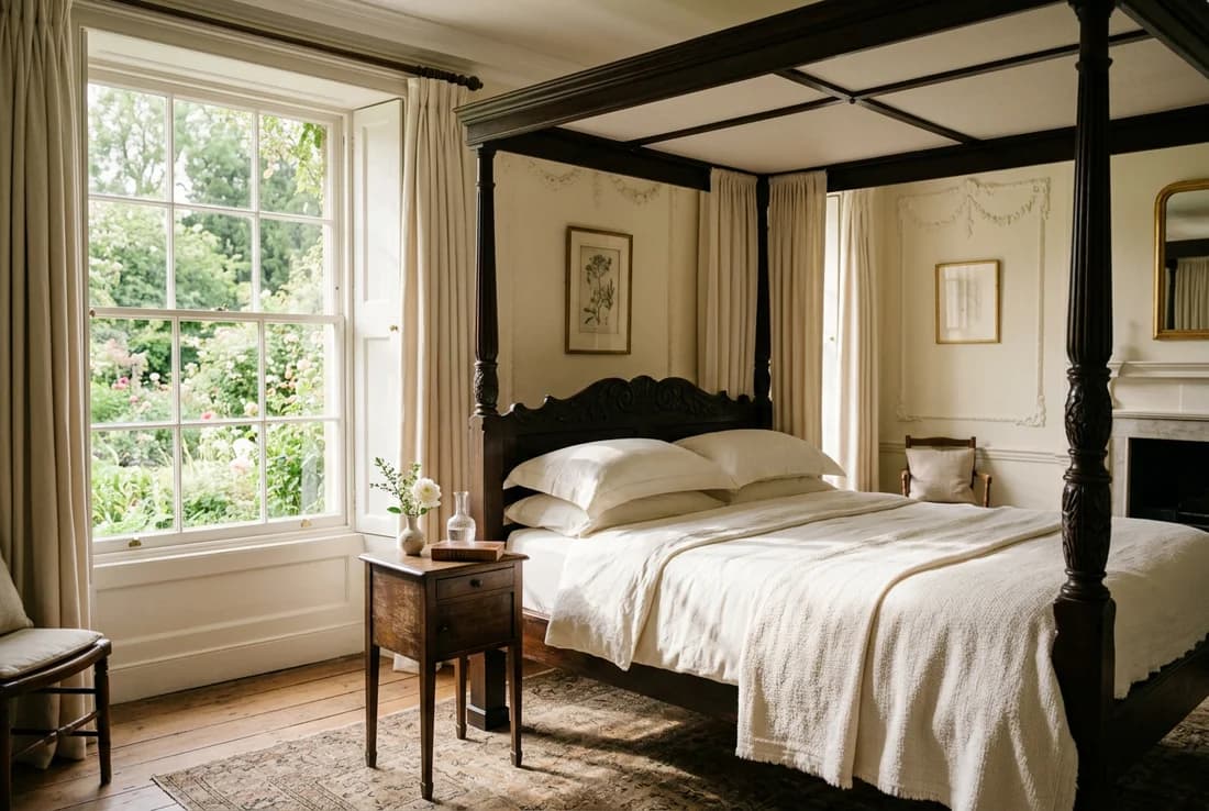 Editorial vision of a peaceful manor bedroom with ivory linens and an antique four-poster bed