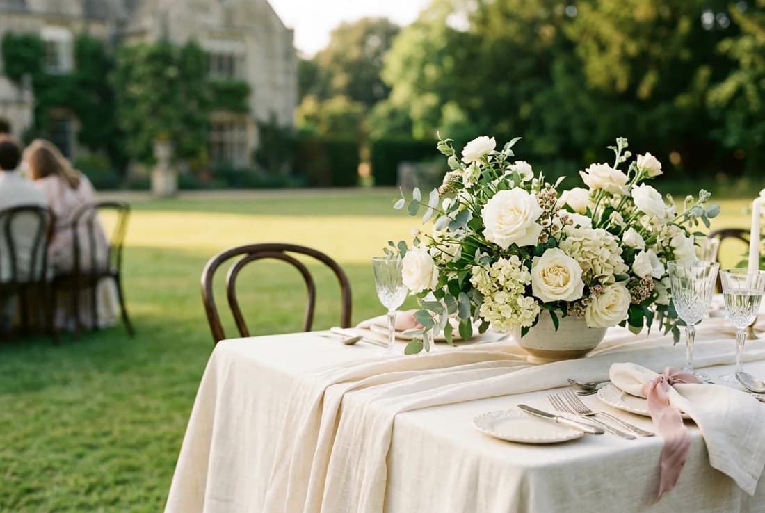 Editorial vision of an ivory wedding tablescape with garden roses and delicate glassware